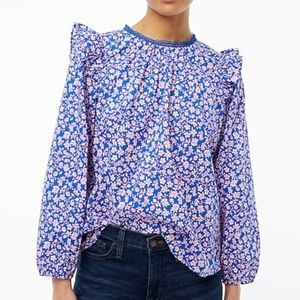 J.CREW Blue Floral Long Sleeve Ruffle-Shoulder Top